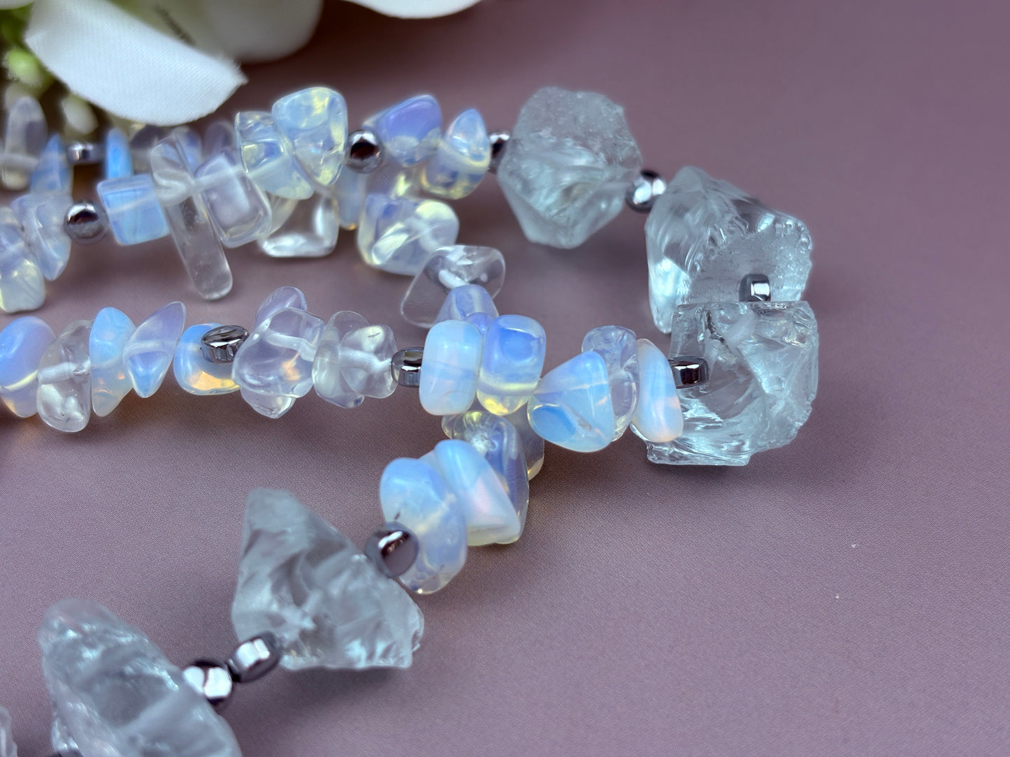 Tsuki Necklace – Moonstone, Silver-Plated Hematite & Natural Aquamarine