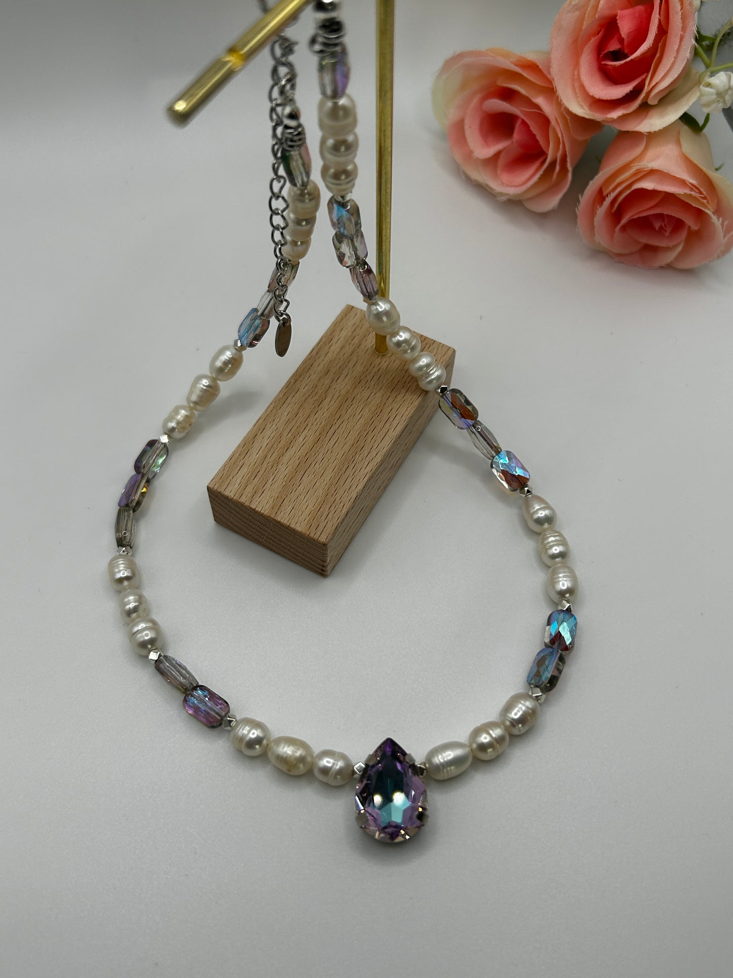 Arden Necklace – Crystal, Natural Pearl & Stainless Steel