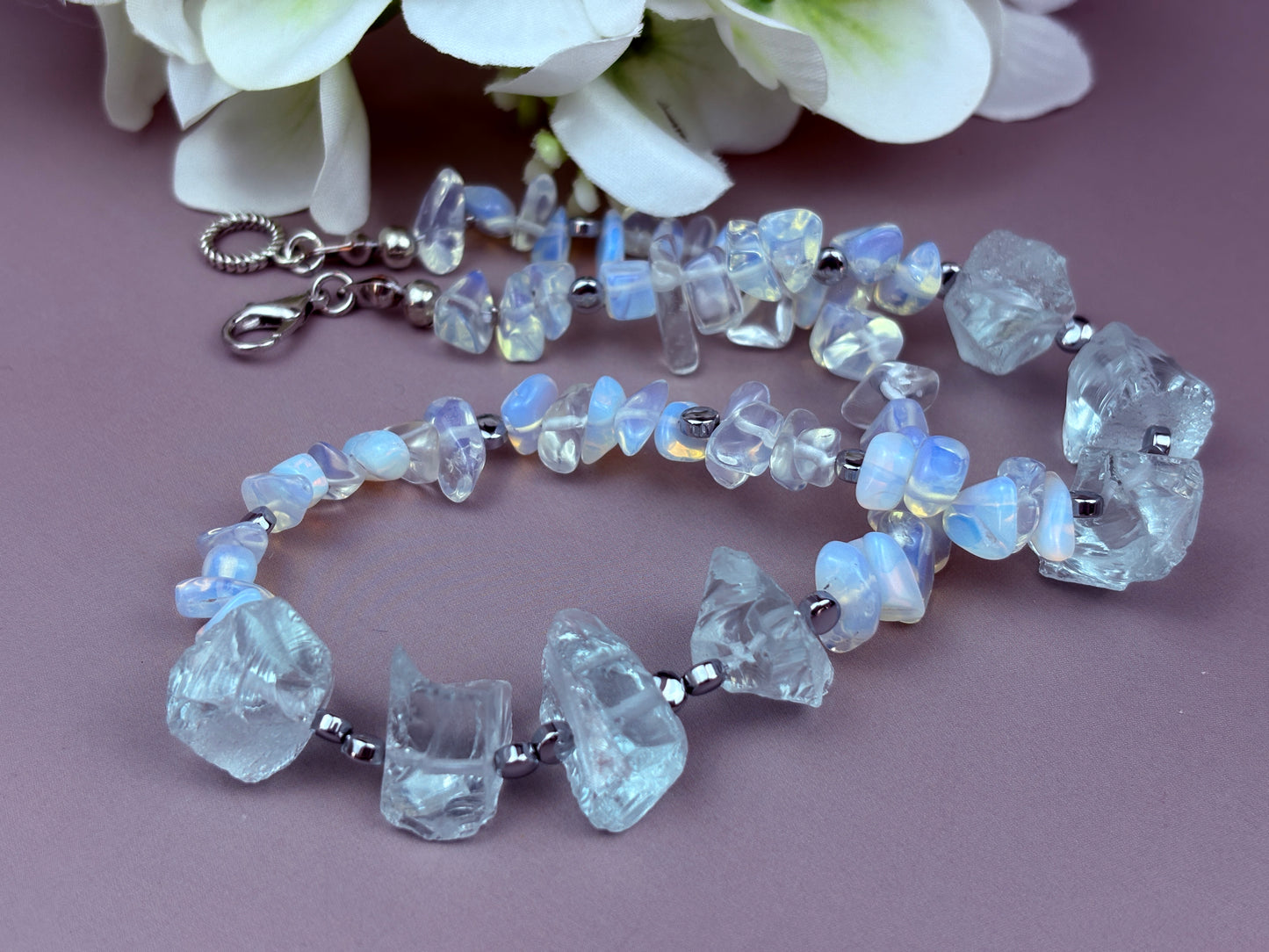 Tsuki Necklace – Moonstone, Silver-Plated Hematite & Natural Aquamarine