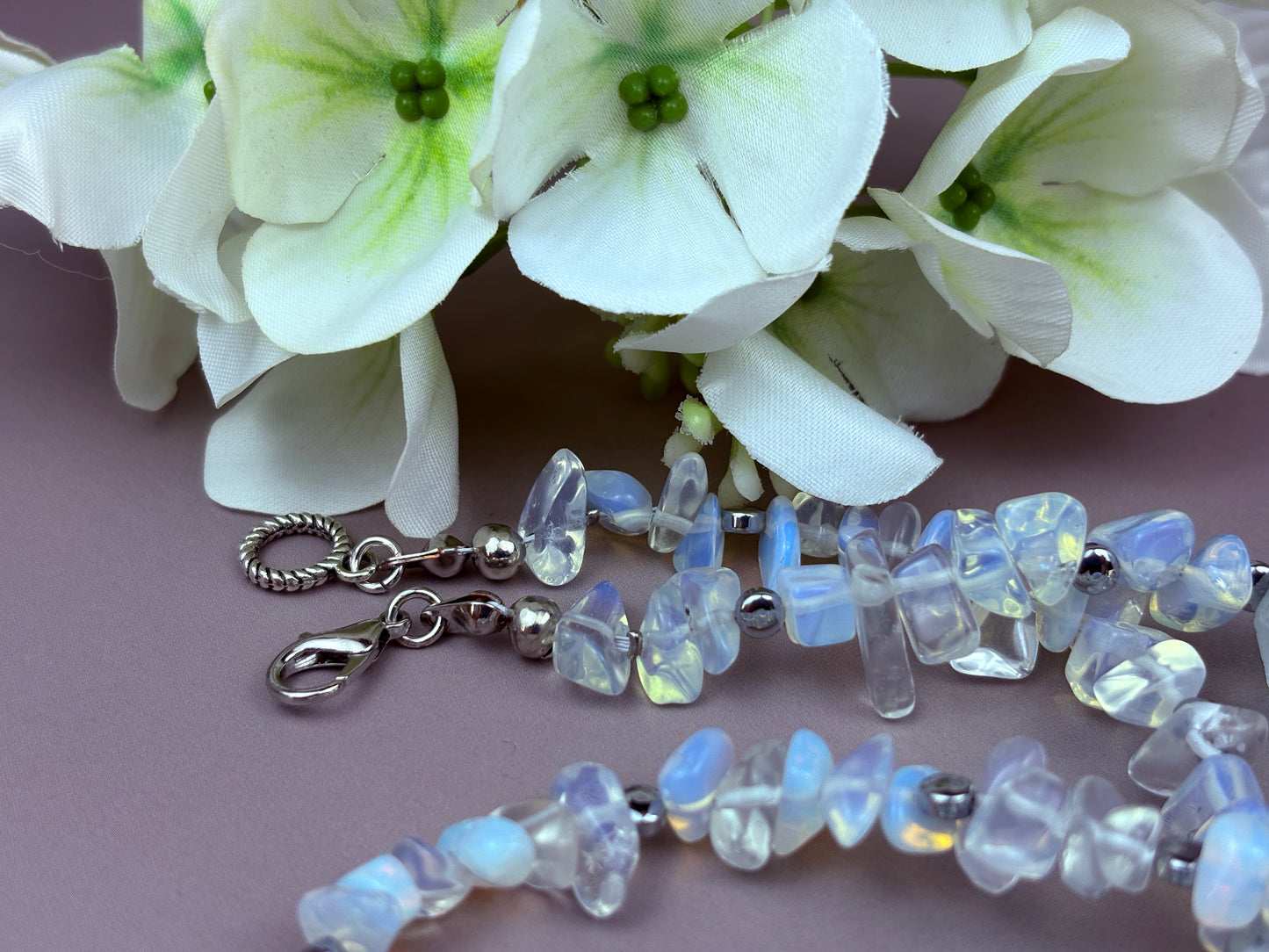 Tsuki Necklace – Moonstone, Silver-Plated Hematite & Natural Aquamarine