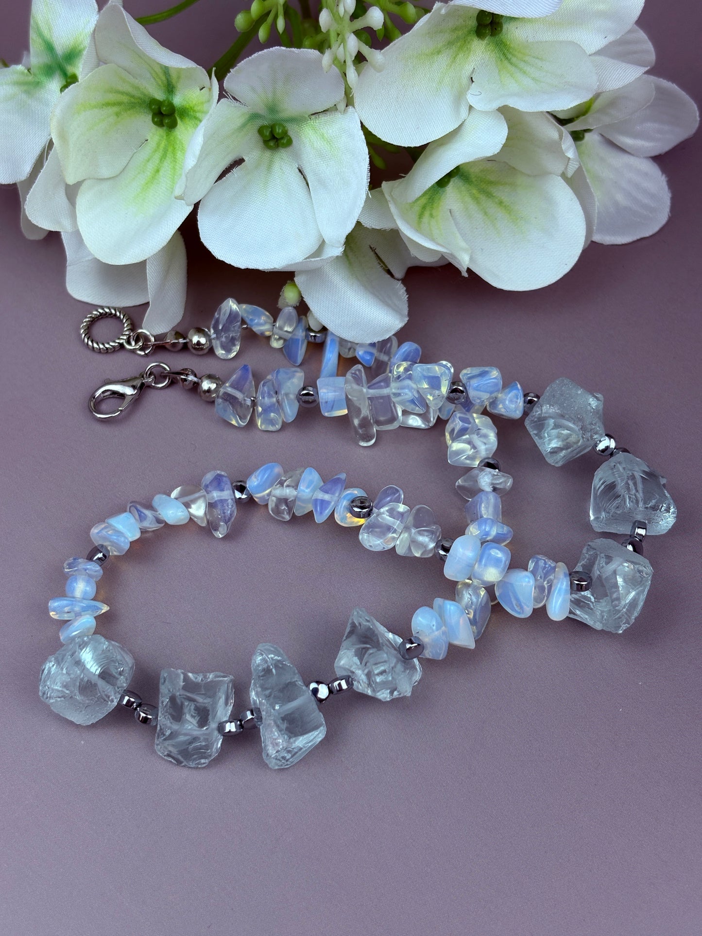 Tsuki Necklace – Moonstone, Silver-Plated Hematite & Natural Aquamarine